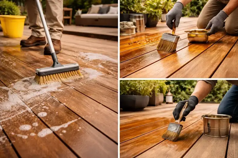 Entretien d’une terrasse en bois massif avec nettoyage, brossage et application de protection