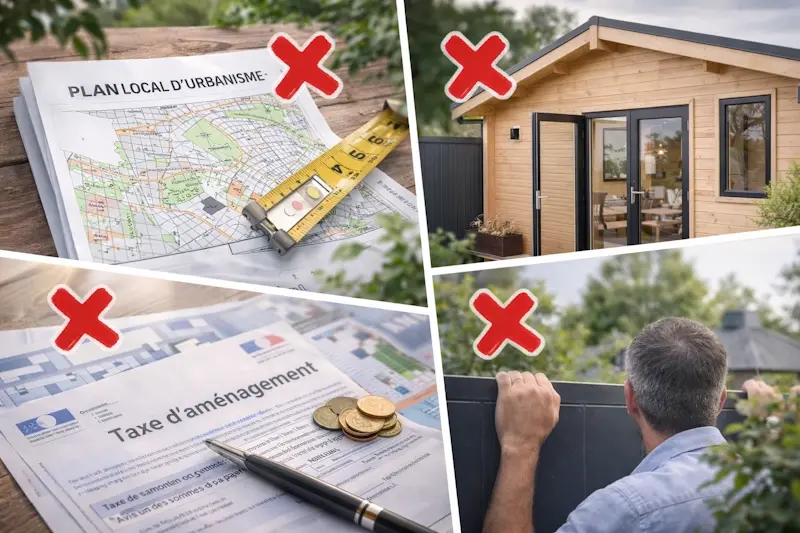 Illustration des erreurs à éviter pour un abri de jardin avec PLU ignoré, absence de déclaration, taxe oubliée et mauvaise distance avec le voisinage