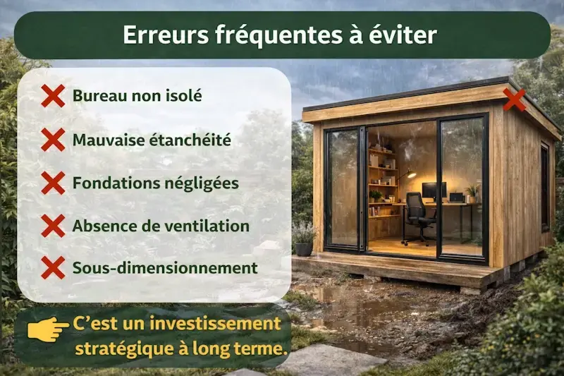Illustration des erreurs fréquentes pour un bureau de jardin en bois comme mauvaise isolation, étanchéité défaillante, fondations insuffisantes et absence de ventilation