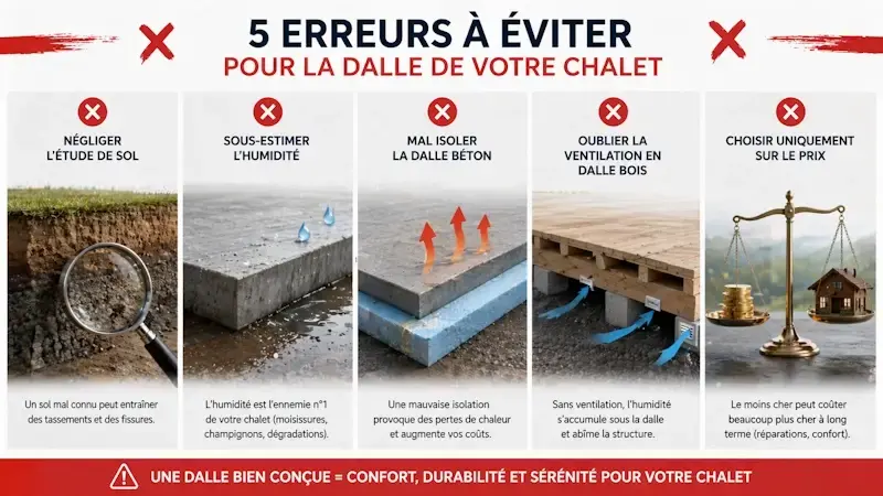 Illustration des erreurs à éviter pour une dalle de chalet bois ou béton : humidité, isolation, ventilation et étude de sol