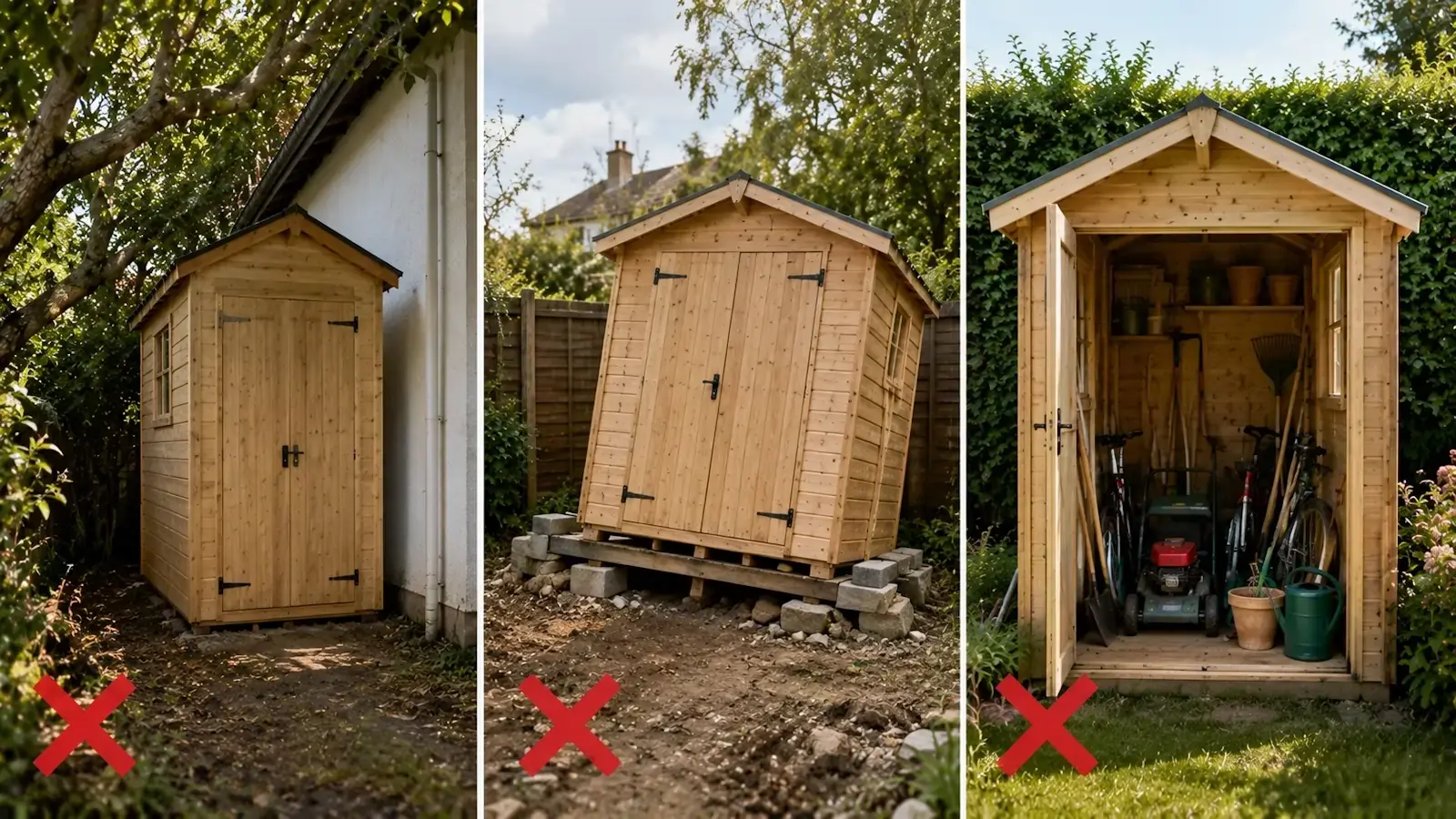 Exemples d’erreurs lors de l’installation d’un cabanon en bois avec mauvais emplacement, sol instable et espace de rangement trop petit.
