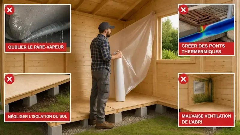 Erreurs d’isolation d’un abri de jardin : absence de pare-vapeur, ponts thermiques, mauvaise ventilation et sol non isolé