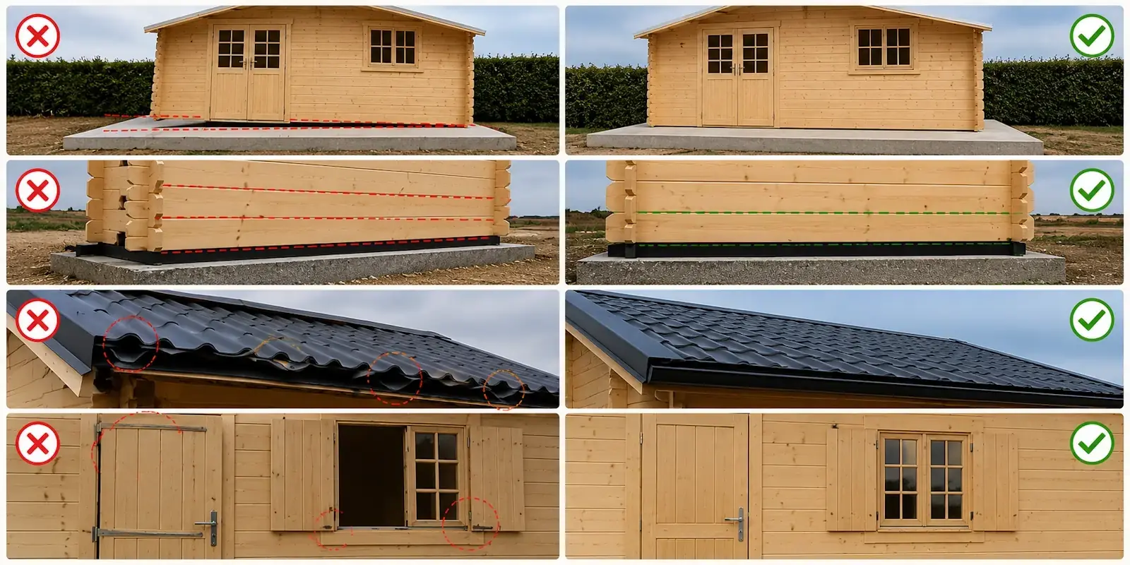 Comparatif entre un bon et un mauvais montage d'un chalet bois : dalle, alignement, toiture et menuiseries.