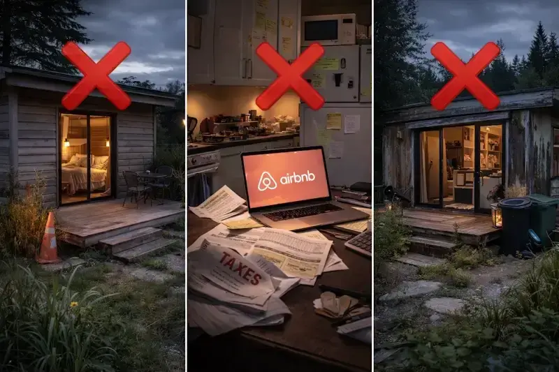 illustration des erreurs qui réduisent la rentabilité d’un chalet en bois en location Airbnb : mauvais emplacement, gestion et entretien
