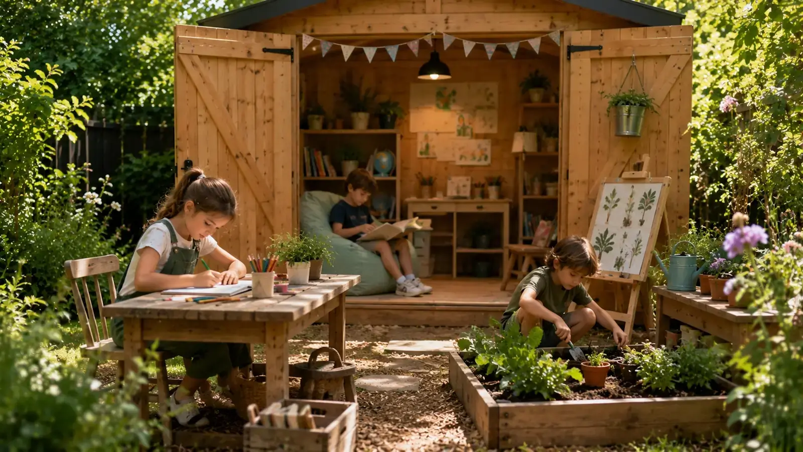 Cabanon éducatif pour enfants dans le jardin avec coin lecture, activité dessin et espace de jardinage pédagogique en extérieur.