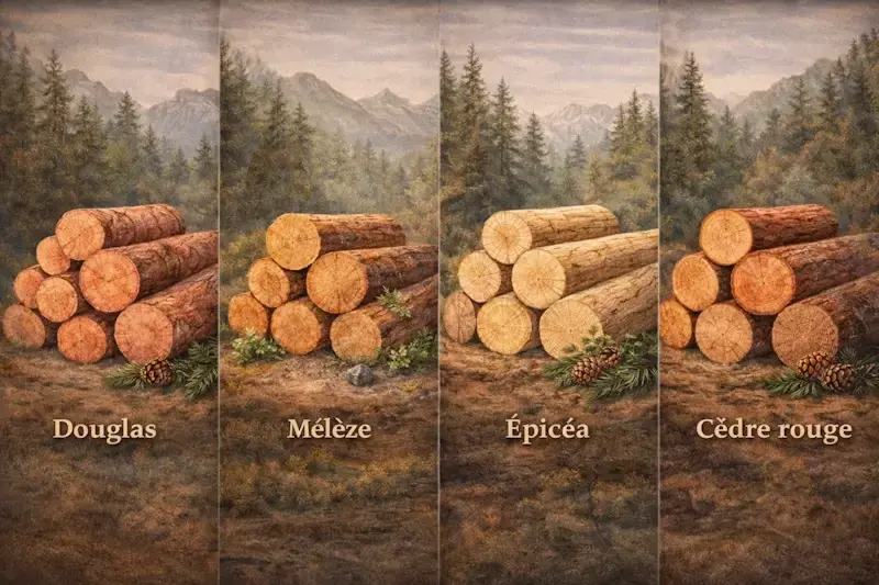 Comparatif des essences de bois pour chalet avec différents types de bois comme douglas, mélèze, épicéa, pin et cèdre