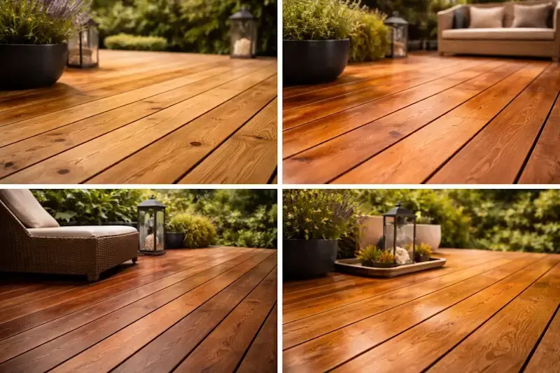 Différentes essences de bois massif pour extérieur montrant textures et couleurs naturelles pour terrasse