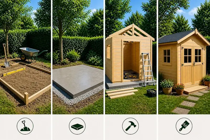 étapes installation cabanon de jardin en bois préparation dalle béton montage et finitions