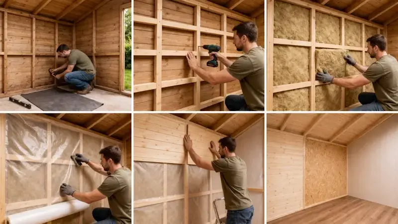 Étapes d’isolation d’un abri de jardin avec maillage interne, pose de l’isolant et revêtement intérieur