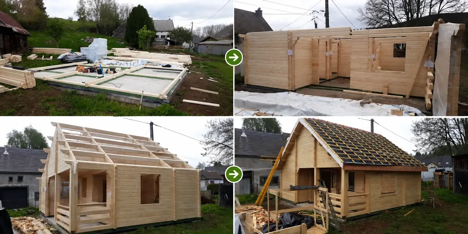 Les différentes étapes du montage d'un chalet en bois par les équipes STMB Construction, de la préparation du chantier à la pose de la charpente et de la couverture.