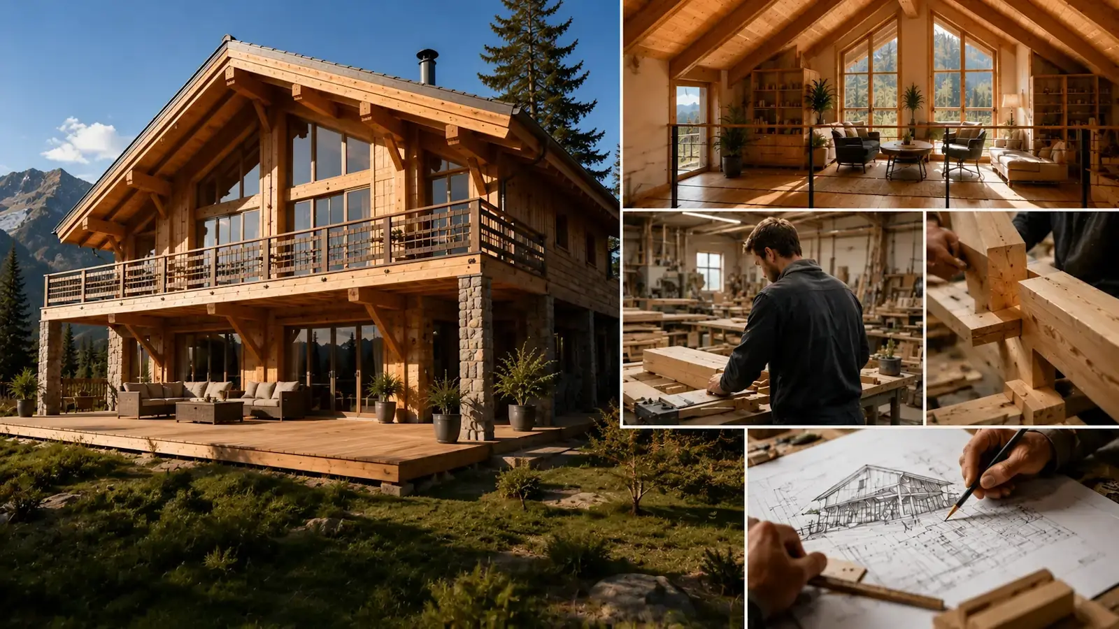 Fabricant de chalet bois montrant savoir-faire, conception sur mesure et réalisation de chalet avec mezzanine.