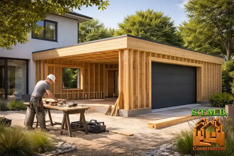 Extension bois avec garage a toit plat en ossature bois