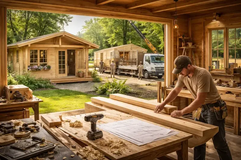Fabricant d’abri de jardin en bois sur mesure en train de construire et installer un chalet bois dans un jardin