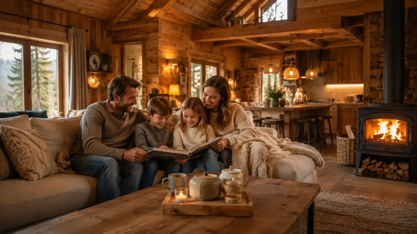 Famille réunie dans un chalet en bois chaleureux avec salon cosy, cheminée et ambiance conviviale pour vivre confortablement toute l’année.