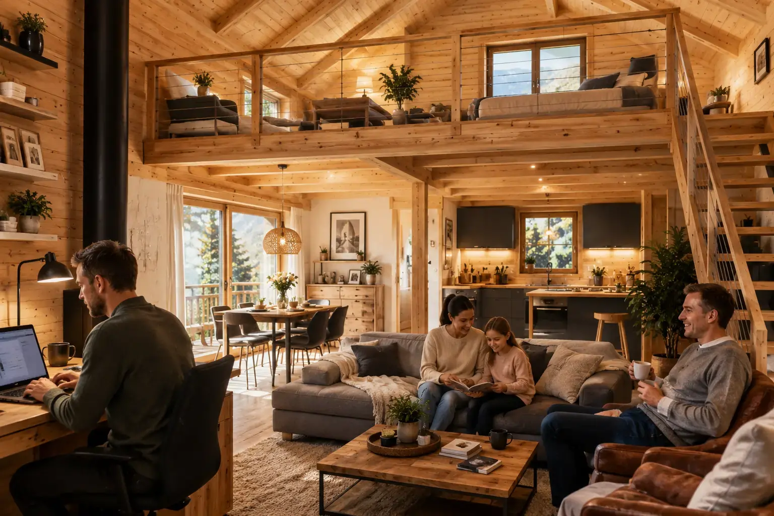 Famille et télétravail dans un chalet bois habitable avec mezzanine, intérieur chaleureux et lumineux avec espace de vie confortable – STMB Construction