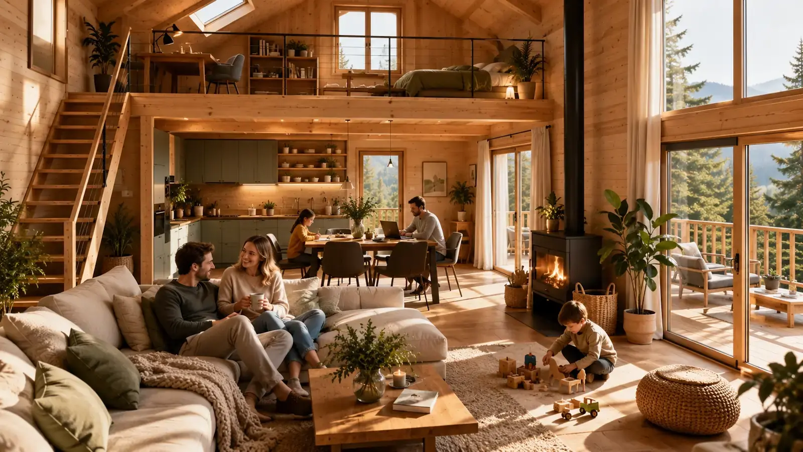 Famille vivant dans un chalet bois habitable avec mezzanine, intérieur chaleureux et lumineux avec télétravail, lumière naturelle et ambiance de vie confortable – STMB Construction