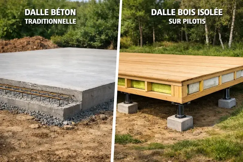 Comparatif fondations chalet bois : dalle béton traditionnelle vs dalle bois isolée sur pilotis