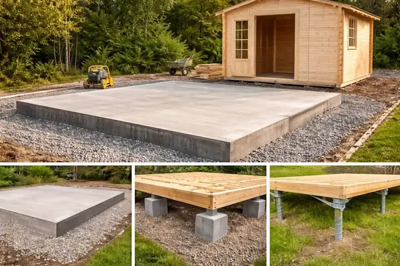 Fondations d’un chalet en bois habitable avec dalle béton, plots béton et vis de fondation pour assurer la stabilité de la construction.