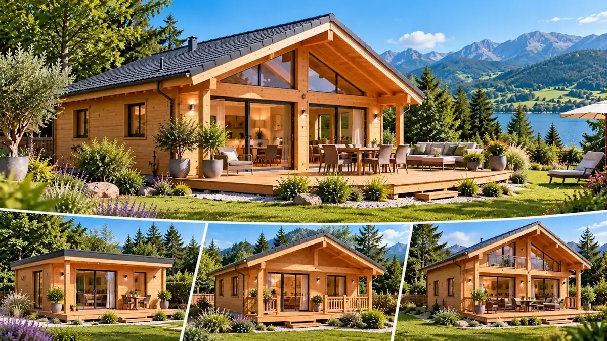Gamme de chalets en bois habitables de différentes surfaces avec terrasses par STMB Construction