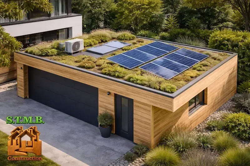Garage bois a toit plat avec toiture vegetalisee et panneaux solaires