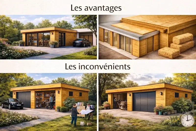 garage bois toit plat moderne avec exemples illustrant avantages et inconvenients en situation reelle