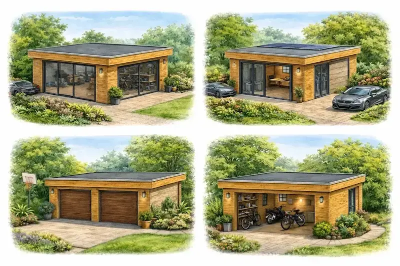 garage bois toit plat moderne avec différents modèles et aménagements extérieurs