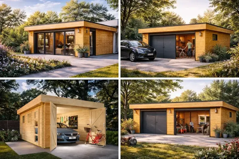 exemples de garages bois toit plat modernes avec design contemporain et aménagement extérieur
