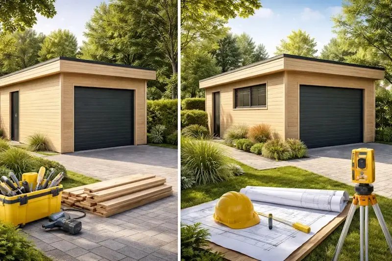 comparatif garage bois toit plat kit vs sur mesure avec exemple de construction et plan sur terrain