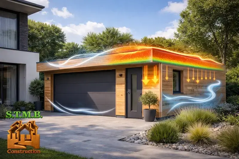 Garage en bois a toit plat avec haute performance thermique