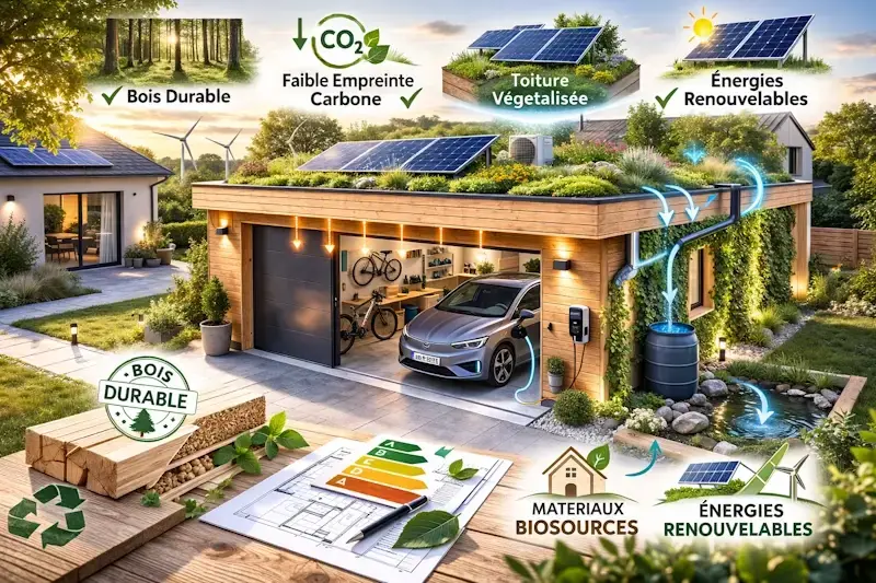 Garage en bois a toit plat ecologique avec panneaux solaires