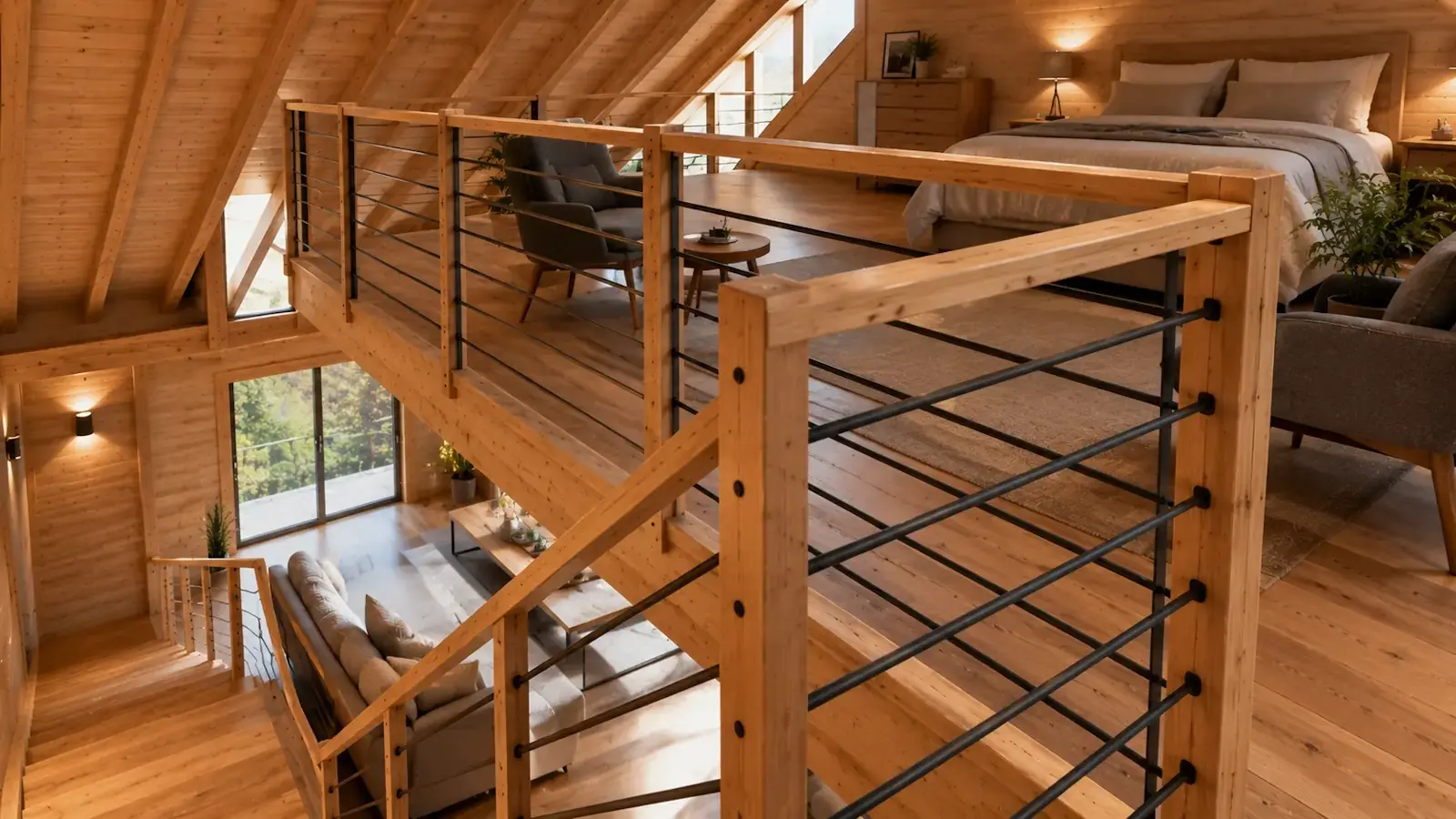 Garde-corps sécurisé sur une mezzanine de chalet bois habitable avec protection contre les chutes