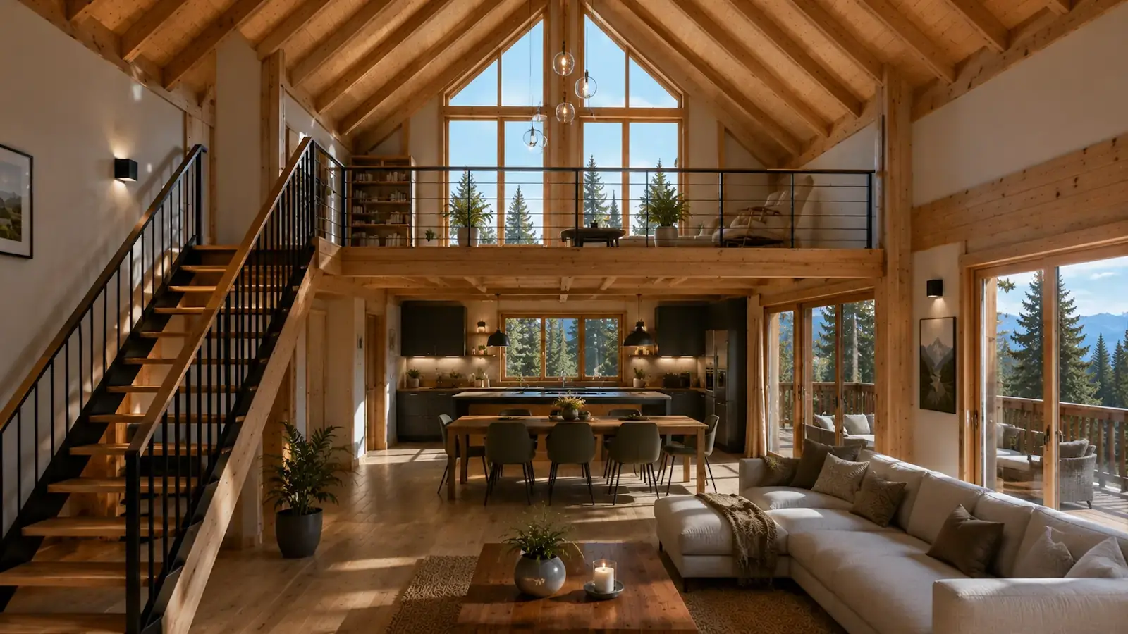 Chalet bois avec mezzanine, plafond cathédrale, escalier apparent et grande hauteur intérieure offrant une forte sensation de volume.