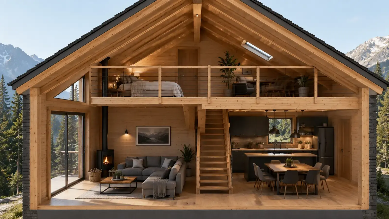 Coupe intérieure d'un chalet bois avec mezzanine illustrant la hauteur sous plafond et le volume habitable disponible
