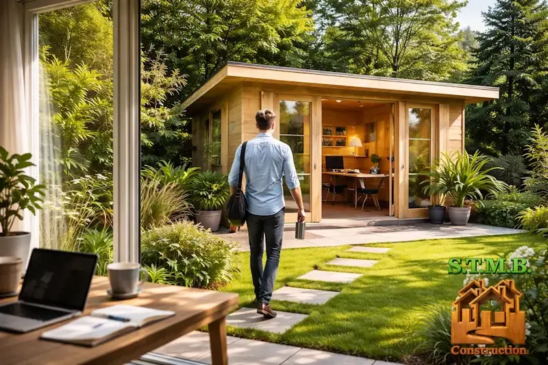 Homme rejoignant son bureau de jardin en bois pour teletravail