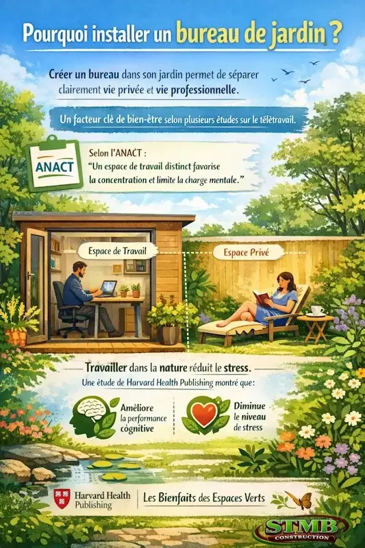 Illustration d un bureau de jardin favorisant le mieux etre la productivite et la separation vie professionnelle et personnelle