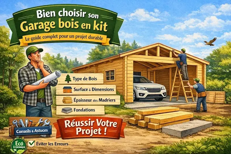 Illustration d un garage en bois en kit en cours de montage avec guide pour bien choisir son garage bois type de bois dimensions epaisseur des madriers et fondations