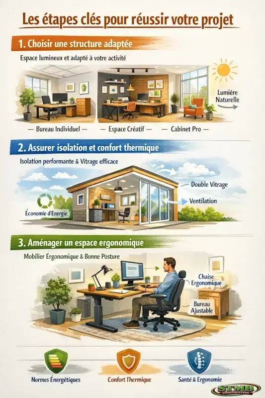 Illustration des etapes cles pour reussir un projet d amenagement de bureau structure adaptee isolation thermique et espace de travail ergonomique