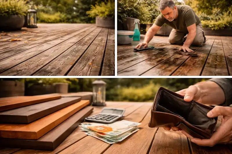 Terrasse en bois massif usée illustrant le grisaillement, l’entretien nécessaire et le coût du matériau