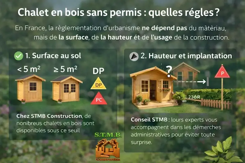 Infographie reglementation chalet en bois sans permis de construire en france surface hauteur et implantation