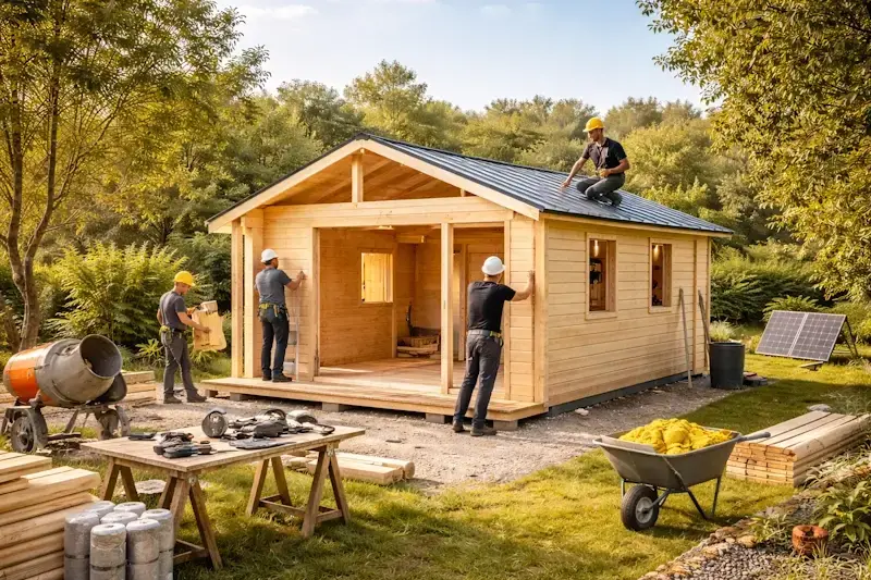 Montage rapide d’un chalet en bois habitable de 20m² dans un jardin avec installation de la structure et de la toiture.