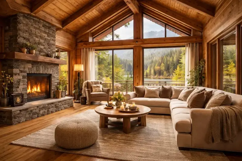 Intérieur de chalet en bois chaleureux avec lumière naturelle, ambiance cocooning et atmosphère apaisante favorisant le bien-être et la détente
