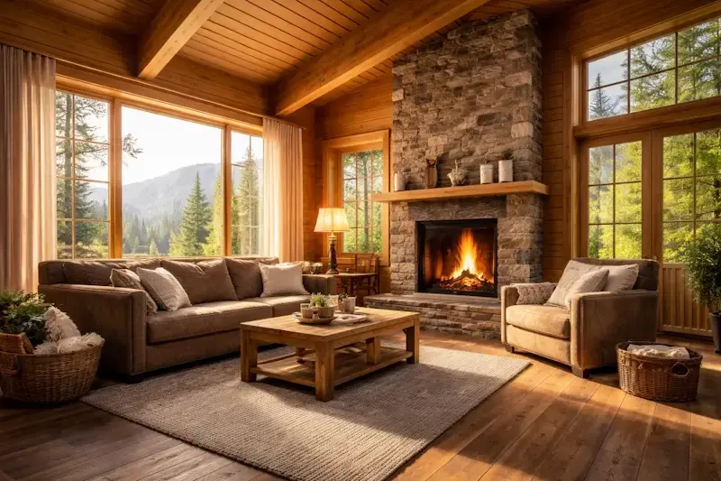 intérieur de chalet en bois chaleureux avec salon lumineux et cheminée, ambiance confortable