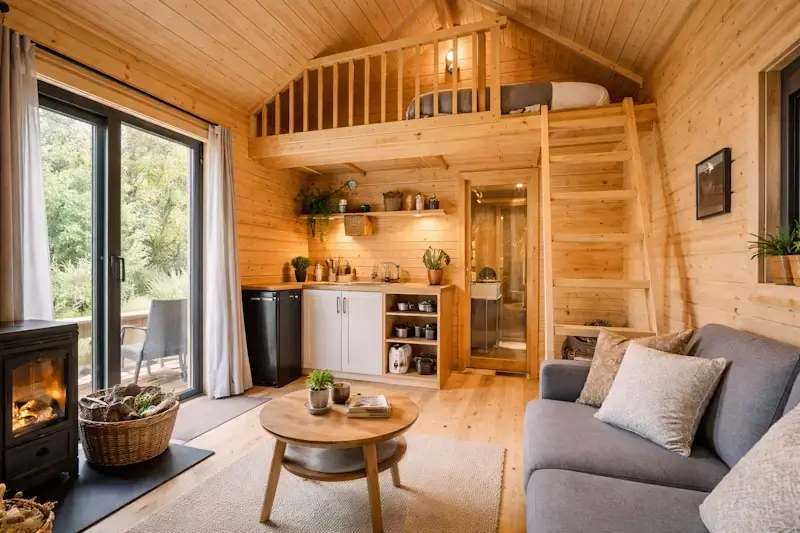Intérieur d’un chalet en bois habitable de 20m² avec mezzanine, kitchenette et espace salon dans un petit logement compact et chaleureux.