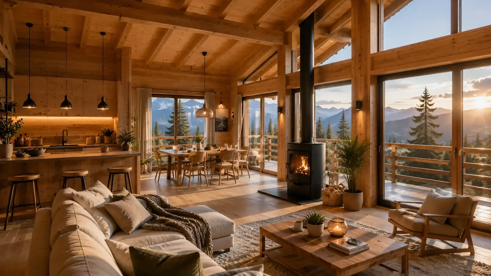 Intérieur lumineux d’un chalet en bois habitable avec grande baie vitrée, poêle et ambiance chaleureuse STMB Construction