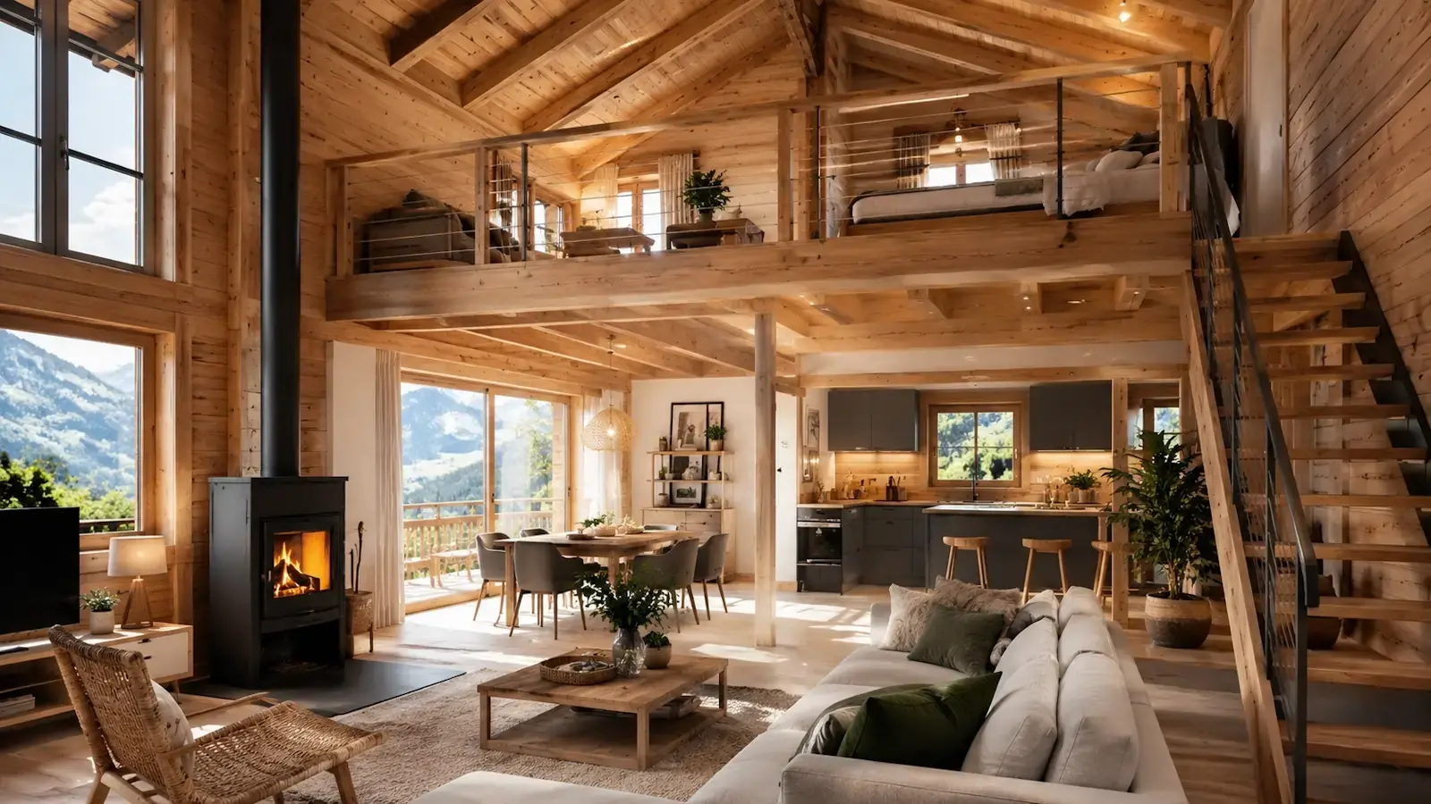 Intérieur de chalet bois habitable avec mezzanine et grande hauteur sous plafond, espace lumineux et chaleureux avec charpente apparente – STMB Construction