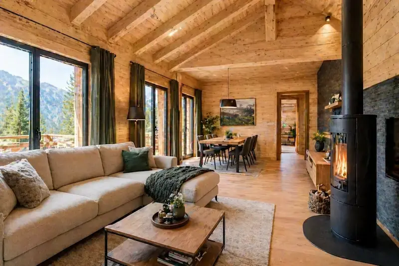 Intérieur de chalet en bois isolé avec aménagement moderne et espace de vie confortable et lumineux