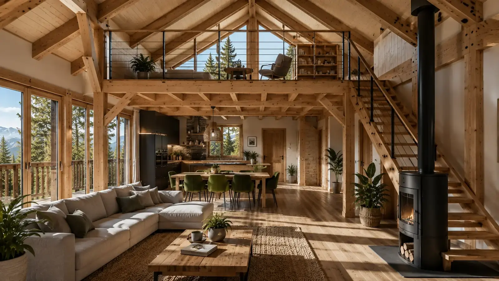 Vue intérieure d’un chalet bois avec mezzanine, charpente apparente et grands volumes ouverts baignés de lumière naturelle.