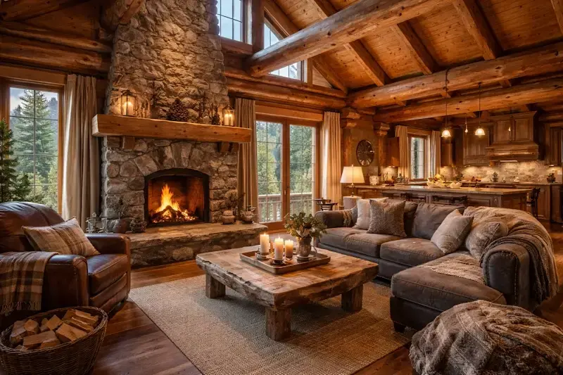 Interieur de chalet en bois authentique avec poutres apparentes et cheminee ambiance chaleureuse et naturelle