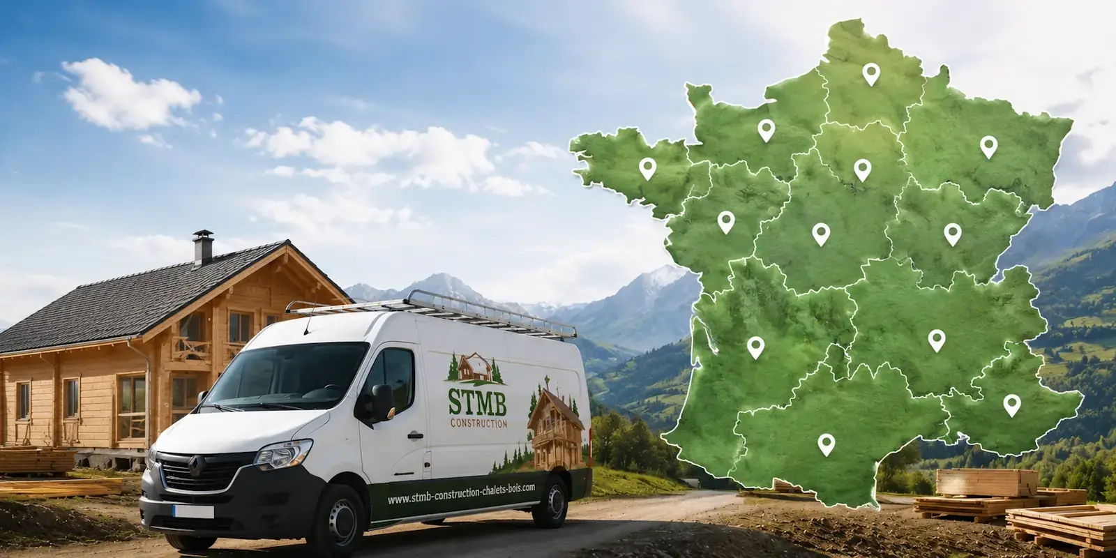 Camion STMB Construction devant un chalet en bois avec une carte de la France illustrant notre service de montage partout en France métropolitaine.