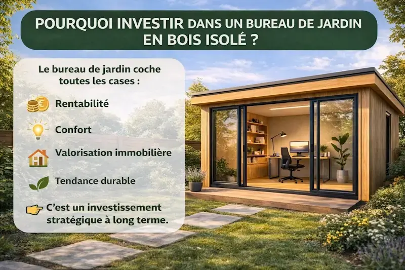 Bureau de jardin en bois isolé illustrant un investissement rentable avec confort, valorisation immobilière et solution durable pour le télétravail